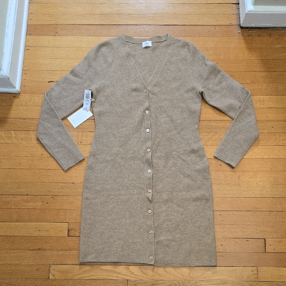 NWT, Aritzia Wilfred, Button Front Mini Cardigan Dress, Heather Gold Camel, L